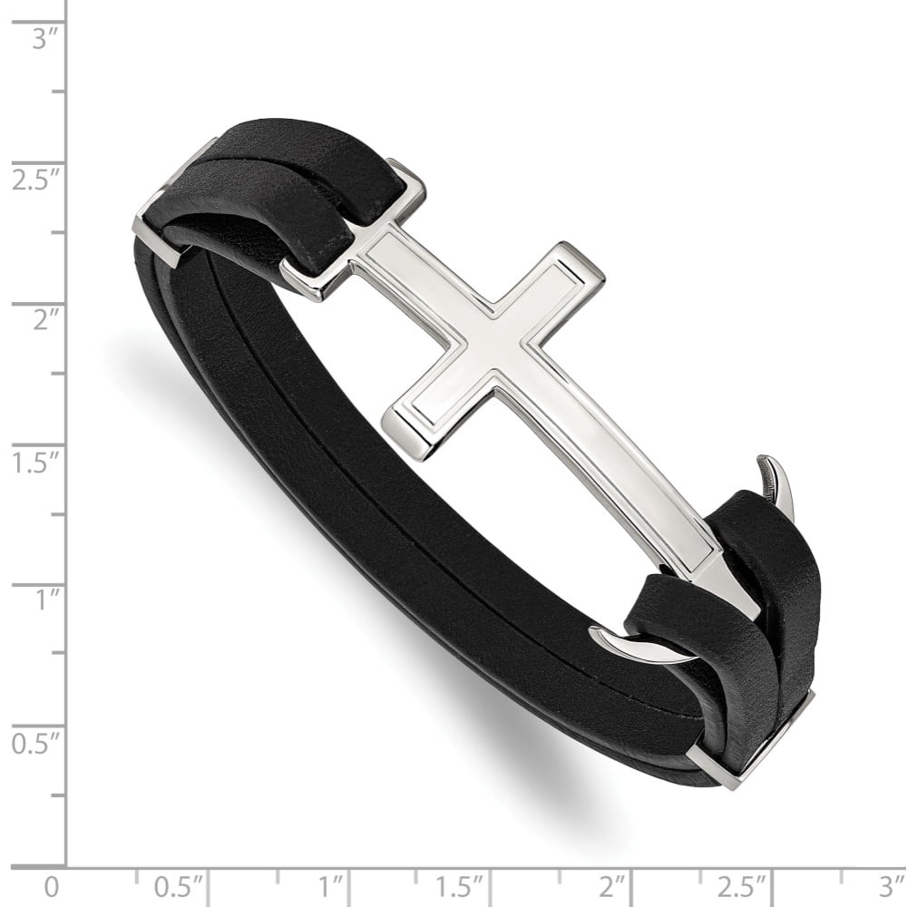 Diamond2Deal Stainless Steel Polished Cross and Anchor Black Leather Bracelet for Men 8.25"