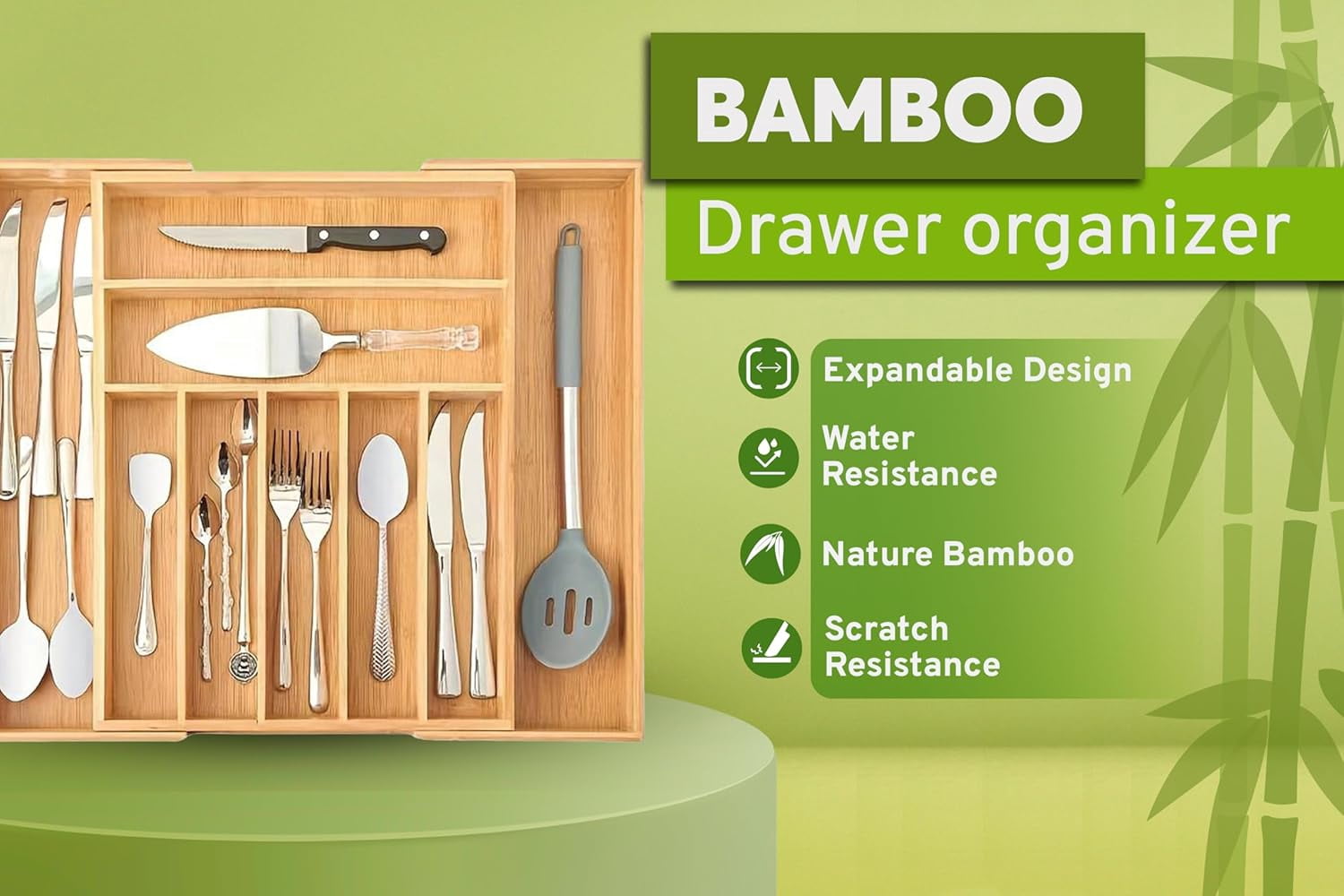 ACCL Expandable Bamboo Silverware Organizer, Adjustable Drawer Organizer 13.2"–20.5", Non-Slip Locking Clips, 9-Compartment Kitchen Utensil Tray
