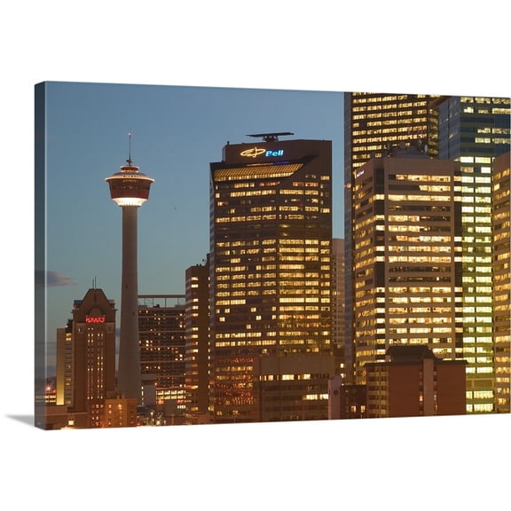 Great BIG Canvas | "Alberta, Calgary, Downtown Calgary, Evening Calgary Tower and City" Canvas Wall Art - 36x24