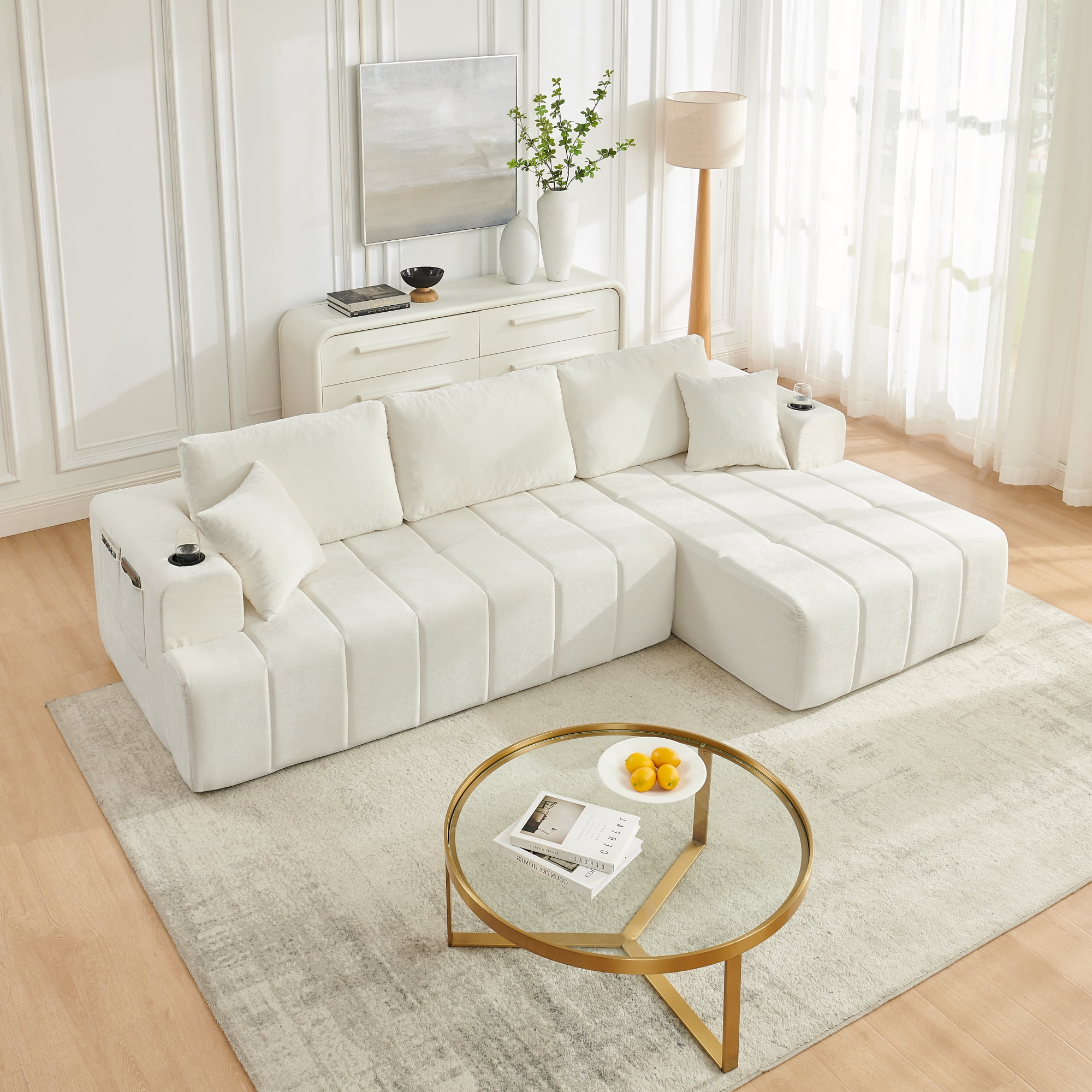 Leumius 108" L-Shaped Sectional Sofa,Chenille Boneless Couch, Modern 3-Seat Upholstered Cloud Couch Sectional with Deep Seat and Cup Holders for Living Room,No Assembly Required,Beige
