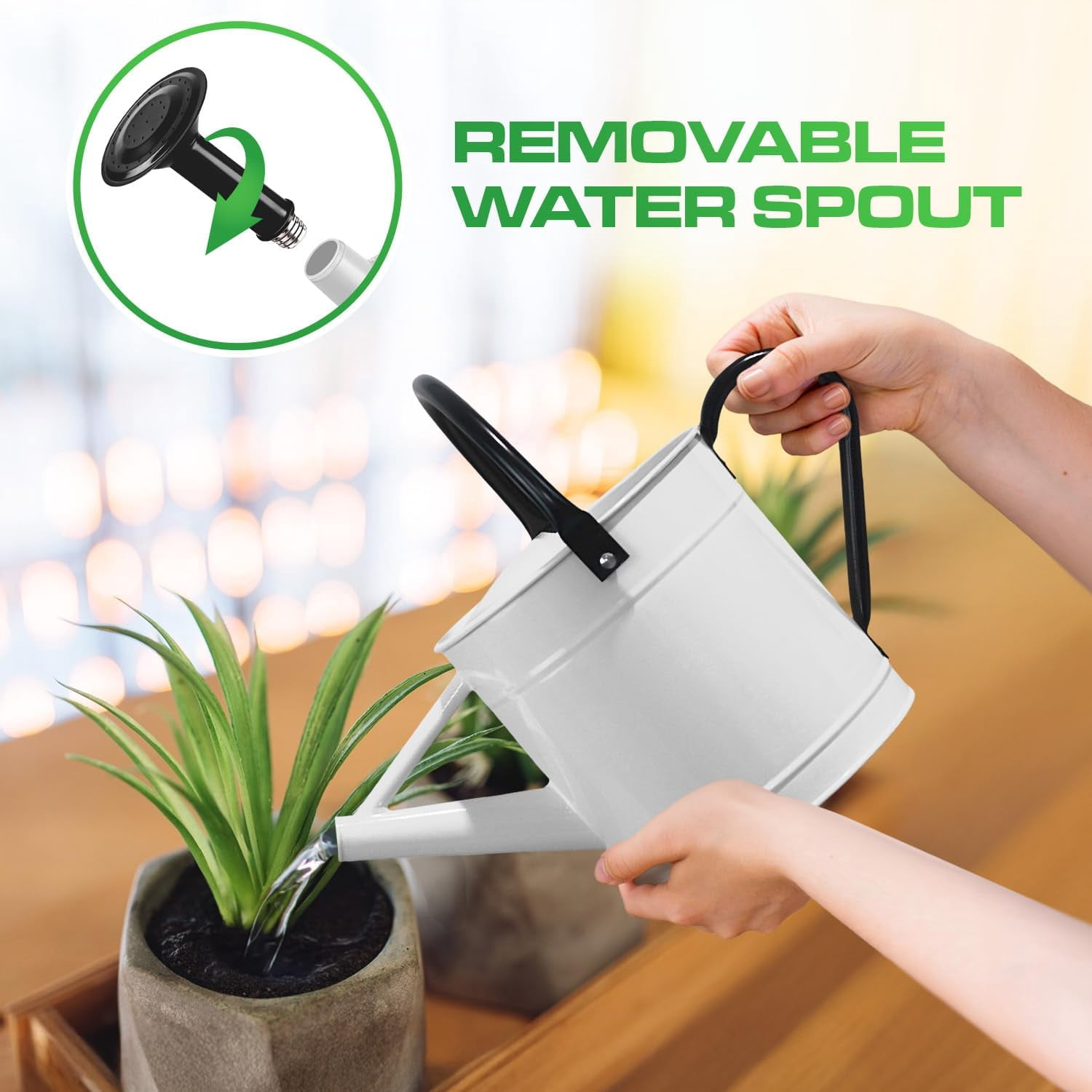 Plexon 1 Gallon Watering Can Metal, White Garden Metal Watering Can Outdoor, Indoor Metal Watering Can, Large Gardening Watering Pot, Black Galvanized Steel Handles and Removable Spray Spout