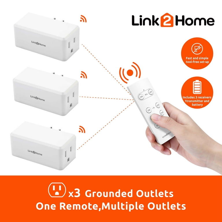Link2Home Wireless Remote Control Outlet Light Switch, 100 ft range,  Unlimited Connections. Compact Side Plug. Switch ON/OFF Household  Appliances. FCC CSA Certified, White (3 Outlets, 1 Remote). 