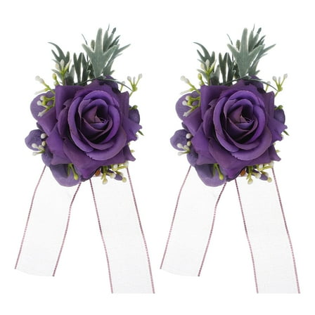 Uxcell 2 Pcs Purple Flower Wrist Corsage Bracelets, Artificial Flowers Corsage Wristlet for Wedding Bride Groom Ceremony Anniversary Prom Party