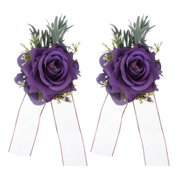 Uxcell 2 Pcs Pulseras Corsage de Flores Moradas Artificiales, Corsage de Muñeca para Boda Novia Novio Ceremonia Aniversario Baile Fiesta