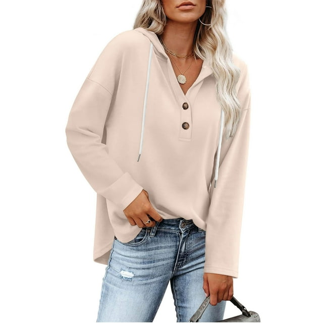 Timegard Hoodies for Women V Neck Button Long Sleeve Tops Solid Color Loose Casual Comfy Pullover Fall