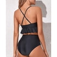 thumbnail image 3 of Women Two Piece Swimsuits High Waisted Ruffle Flounce Bikini V Neck Tummy Control Bathing Suit Solid Black (S, 3 of 6