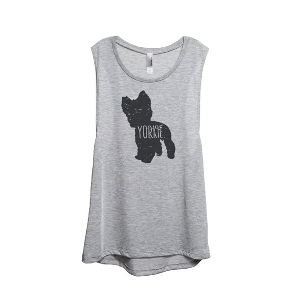 Thread Tank Yorkie Terrier Dog Silhouette Women's Sleeveless Muscle Tank Top Sport Grey Small