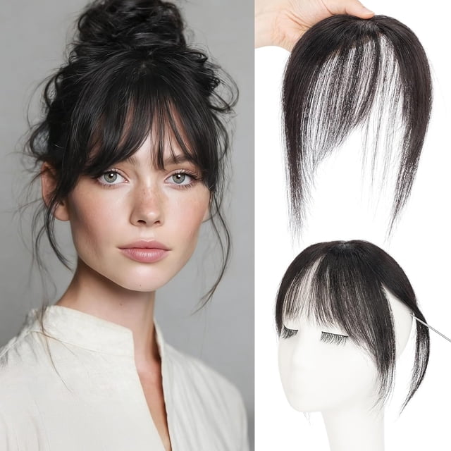 Yanonmyfd Dark Brown Bangs Hair Clip,Middle Part Clip in Bangs Human Hair Natural Curtain Fringe with Temples Hairpieces for Women Clip on Bangs Daily Wear
