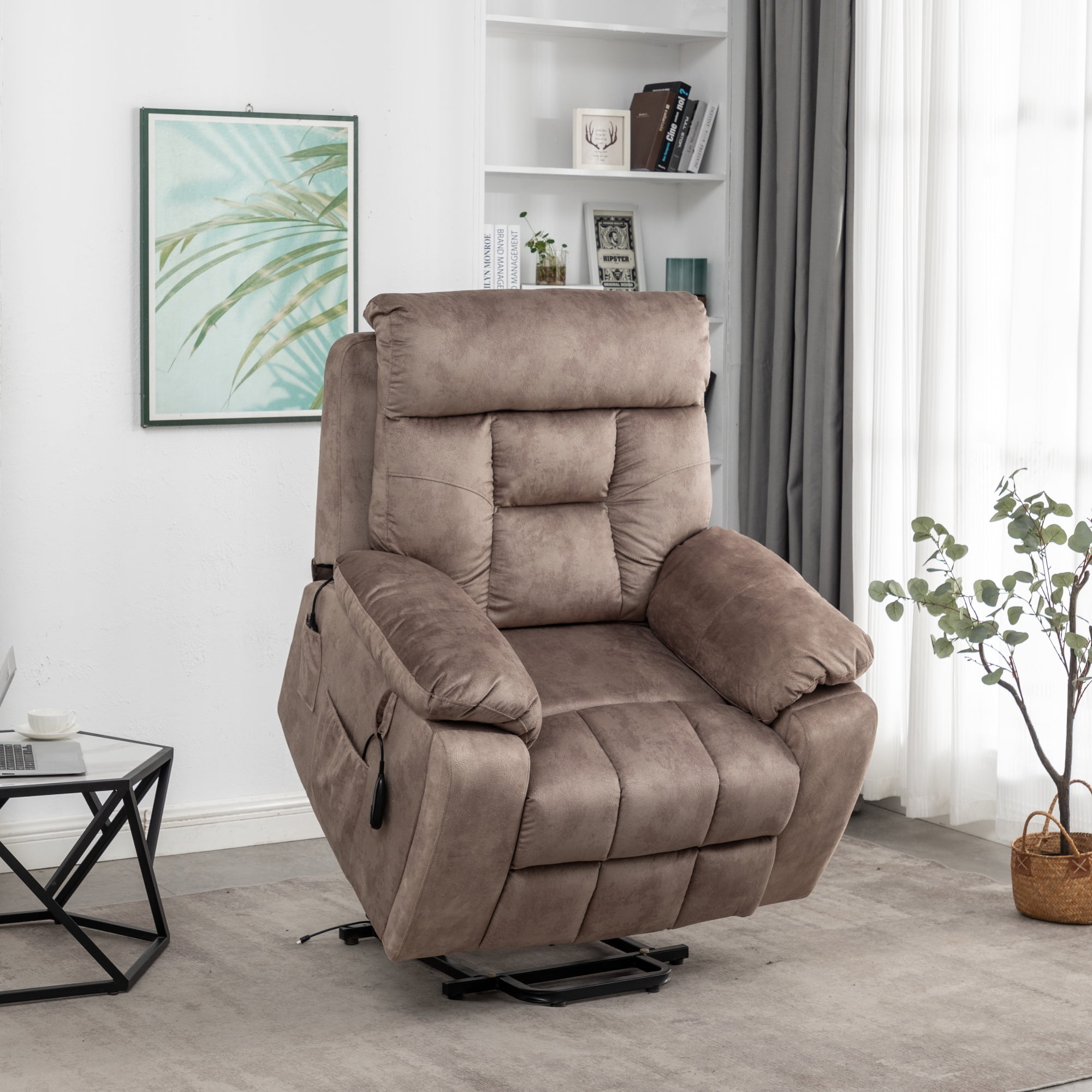 Power Lift Recliner Chair for Father/Mother Gift, 26" Wide Velvet Electric Massage Recliner with Massage & Heat, Living Room Chair, Light Brown