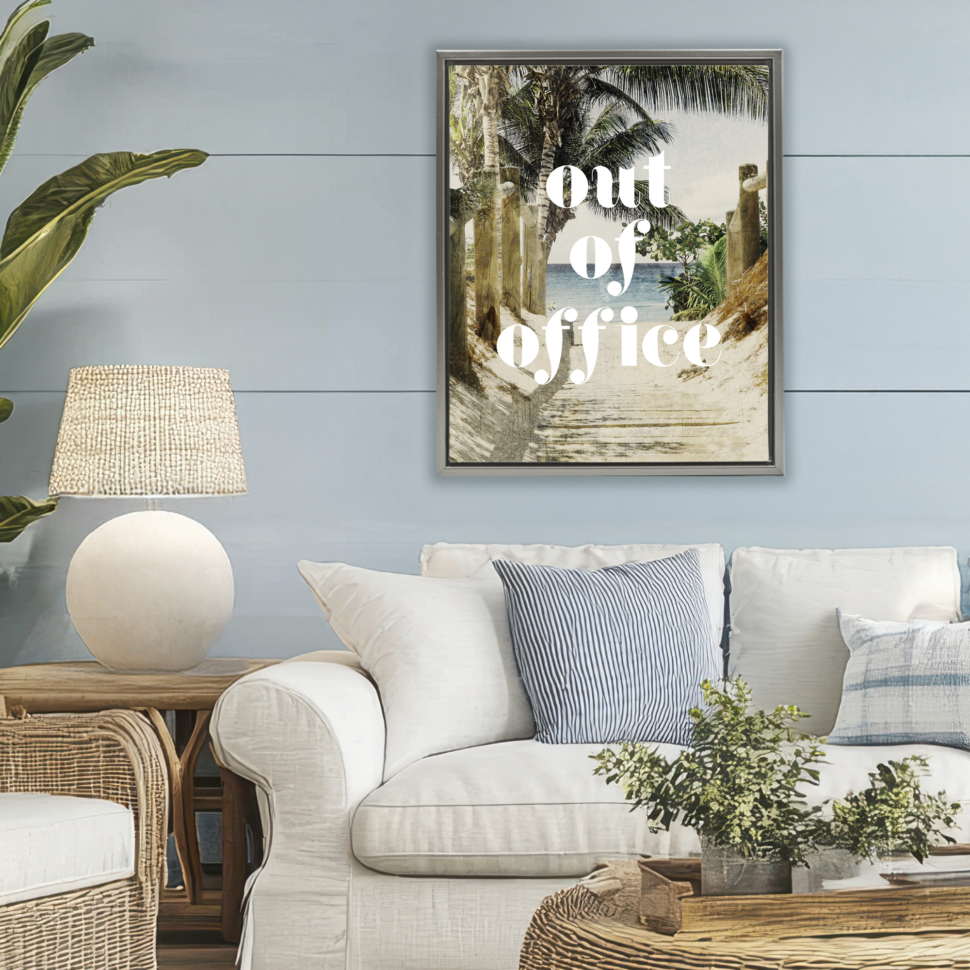 Out of Office Beach Path Gray Framed Floater Canvas Wall Art, design by Lil' Rue