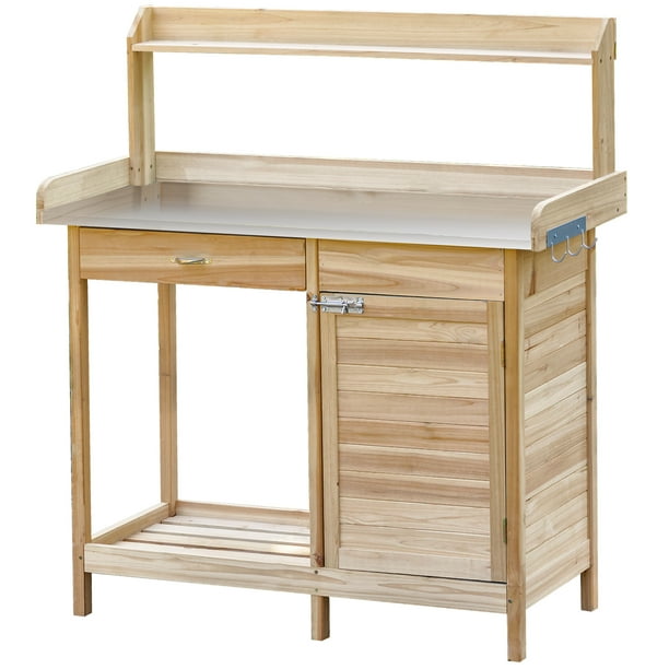 Outsunny Garden Potting Bench Table with Lockable Storage and