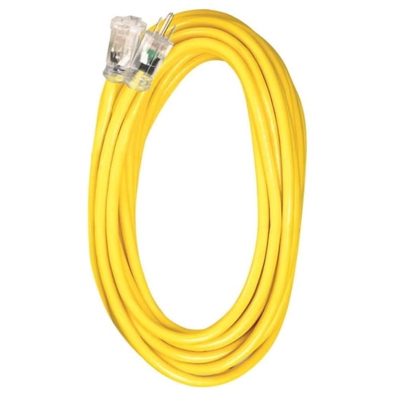 05-00366 12/3 SJTW Outdoor Extension Cord with Lighted End, 100-Foot, Yellow with Blue Stripe