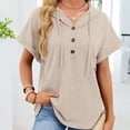 thumbnail image 2 of Yigetop Short Sleeve Sweatshirt Women's Summer Hoodies Short Sleeve Button V Neck Lightweight Drawstring Hoodies Summer Hoodies for Women Beige L, 2 of 7