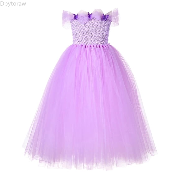 Dpytoraw Toddler Girls' Fairy Tale Mesh Princess Dress With Floral Embroidery Floor Length Party Gown For Pageant Girls Sleeveless Dresses,Purple Size 4-5 Years