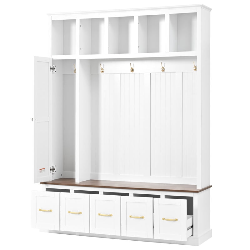 Farmhouse Hall Tree with Open Cubbies, Entryway Coat Rack with Hooks, Multi-Functional Mudroom Organizer with Storage Drawers for Shoes, Bags and Accessories