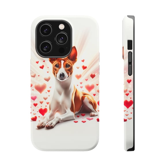 DistinctInk MagSafe Tough Case for Apple iPhone 13 Pro (6.1" Screen) - Valentine's Day Basenji - Shockproof Protection