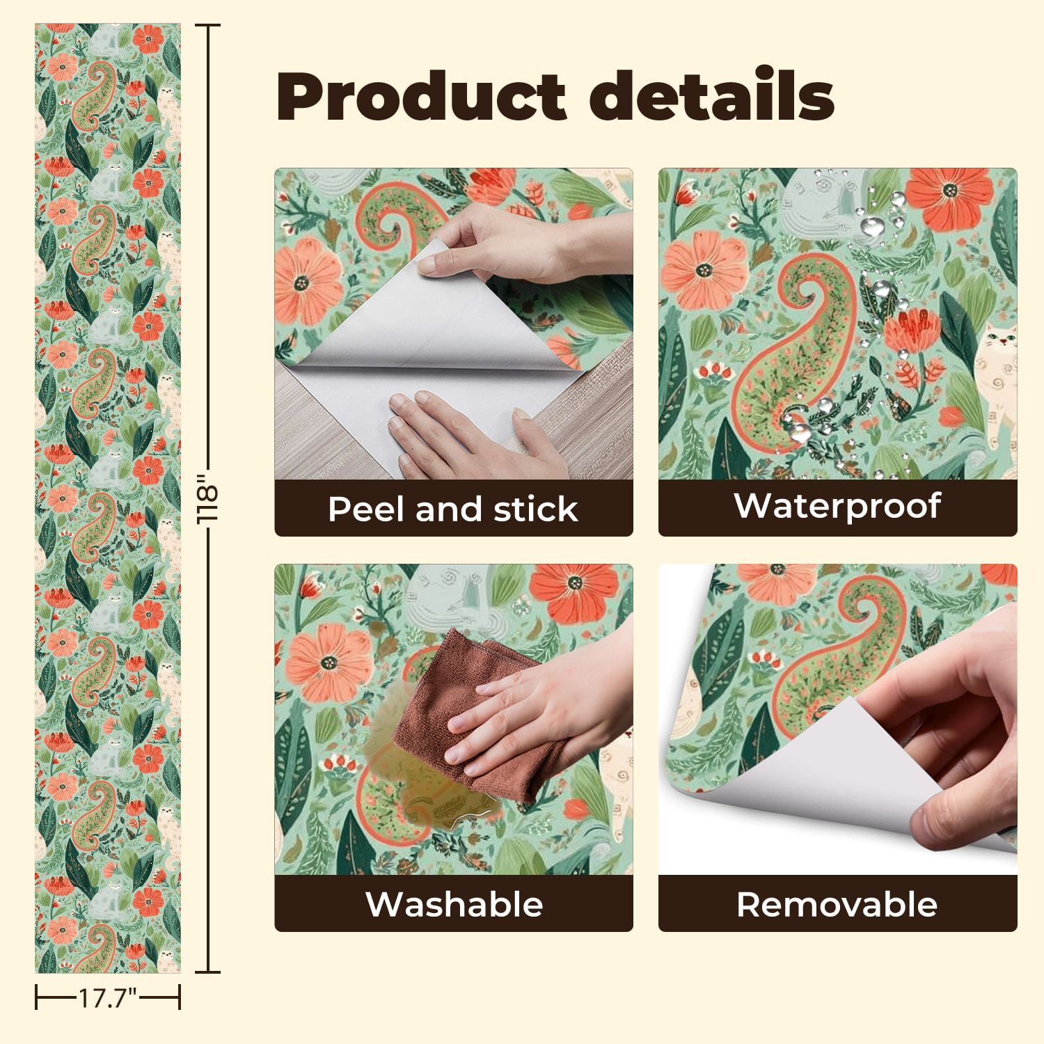 Paisley Peel and Stick Wallpaper 17.7in x 9.8ft Whimsical Cats Floral Botanical Teal Coral Tones Contact Paper Vinyl Waterproof Self Adhesive Wall Paper for Bedroom Shelf Cabinet Renter Friendly