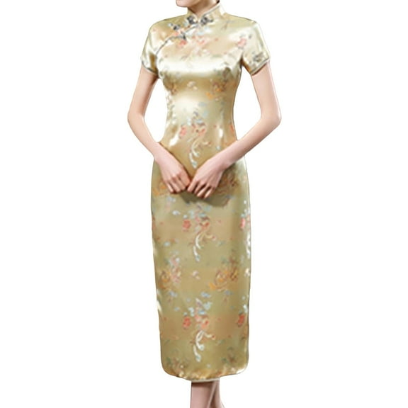 gcong Cheongsam Dress for Women Qipao Slim Fit Short Sleeve Bodycon Mandarin Collar Side Slit Chinese Floral Print Dragon Dress Wedding Guest Dresses for Women Gold