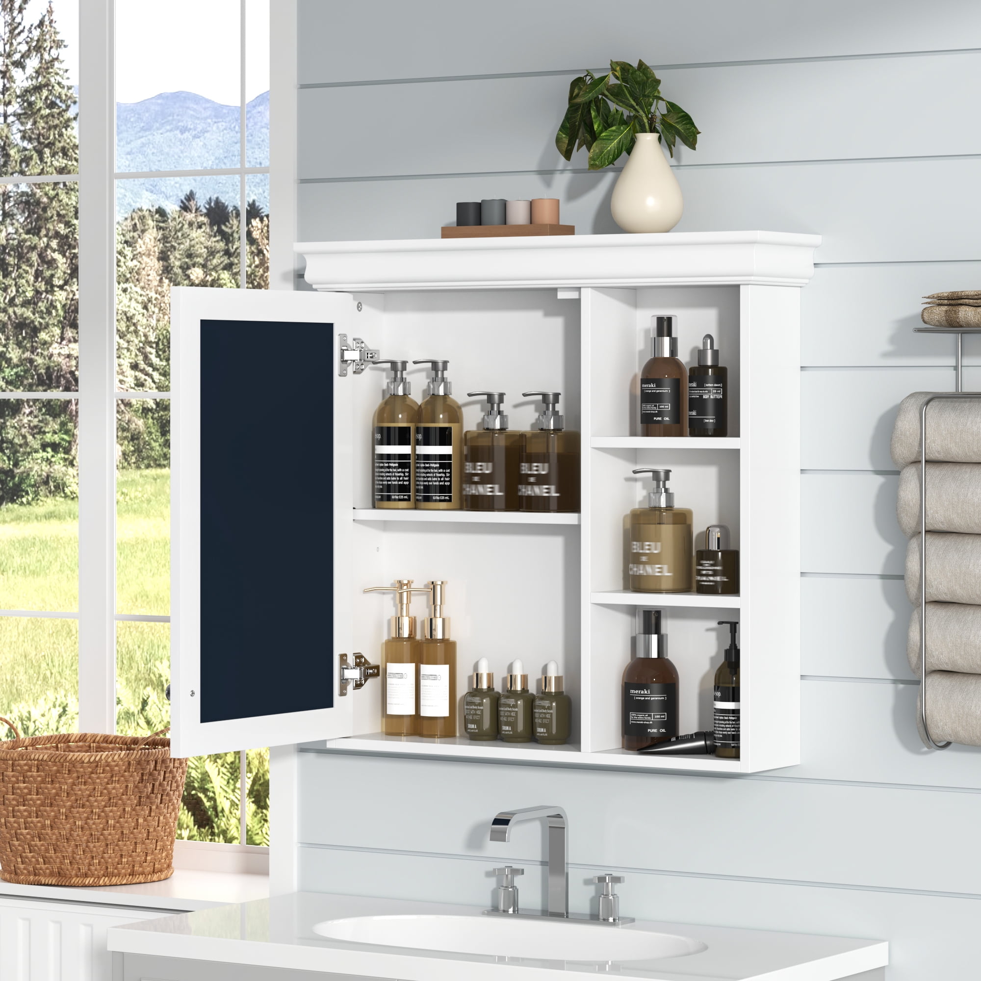 Euroco Wall-Mounted Bathroom Mirror Cabinet with Adjustable Shelf, Soft-Close Hinges, and Storage for Over Toilet or Sink
