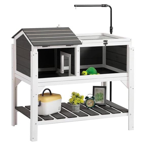 Tortoise with Lamp Holder and Storage Shelf, Tortoise Enclosure Indoor Outdoor with Detachable Legs, Wooden Turtle House Reptile Cage with Tray for Small Animals