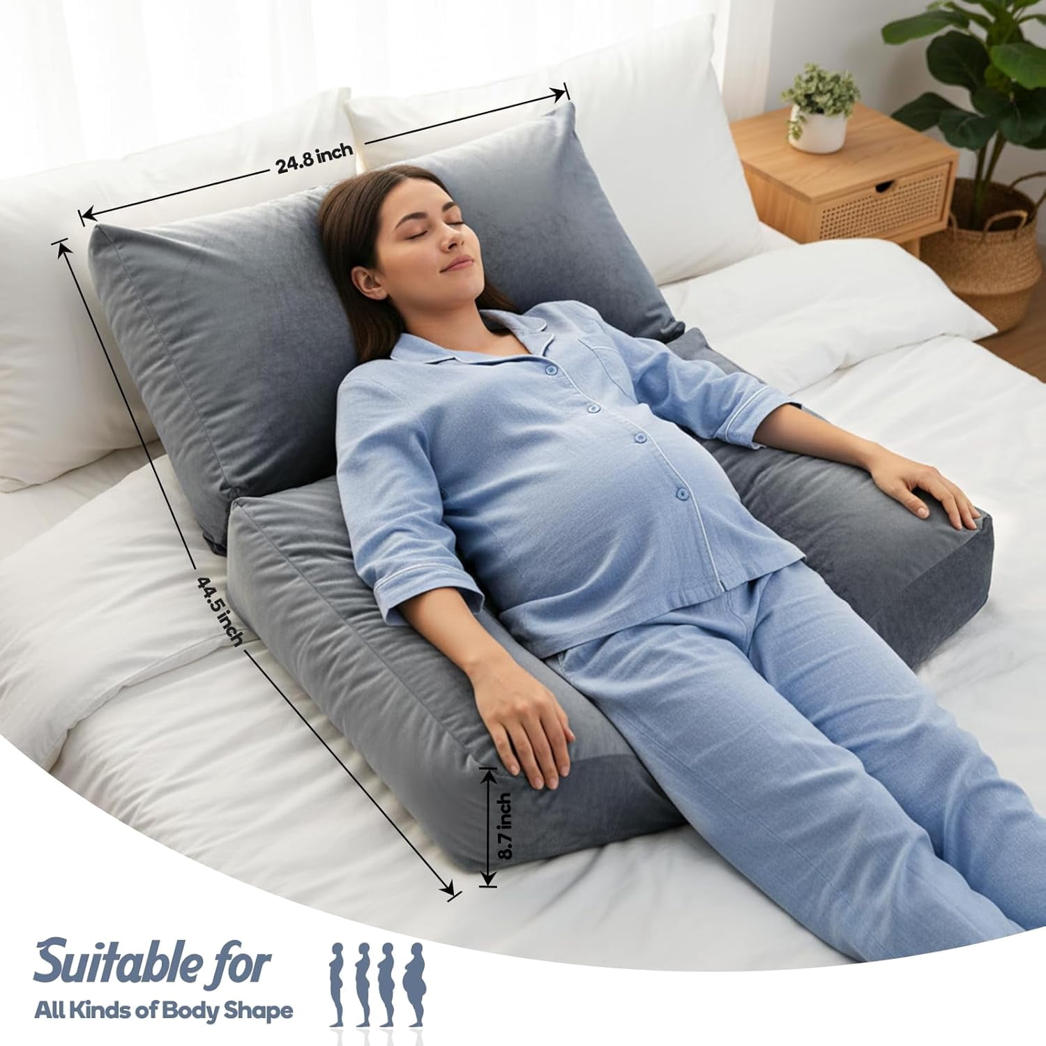 Pregnancy Pillows for Sleeping, 45.3 Inch Pregnancy Massage Pillow Full Body Pillow with Removable Cover & Leg Pillow, Support for Back, Legs, Belly, HIPS for Pregnant Women (Grey)