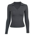 thumbnail image 5 of Camiseta elegante de manga larga con escote en V profundo para mujer: top ajustado con fruncidos laterales para combinar en otoño/invierno, estilo informal de negocios (S-L), 5 of 5