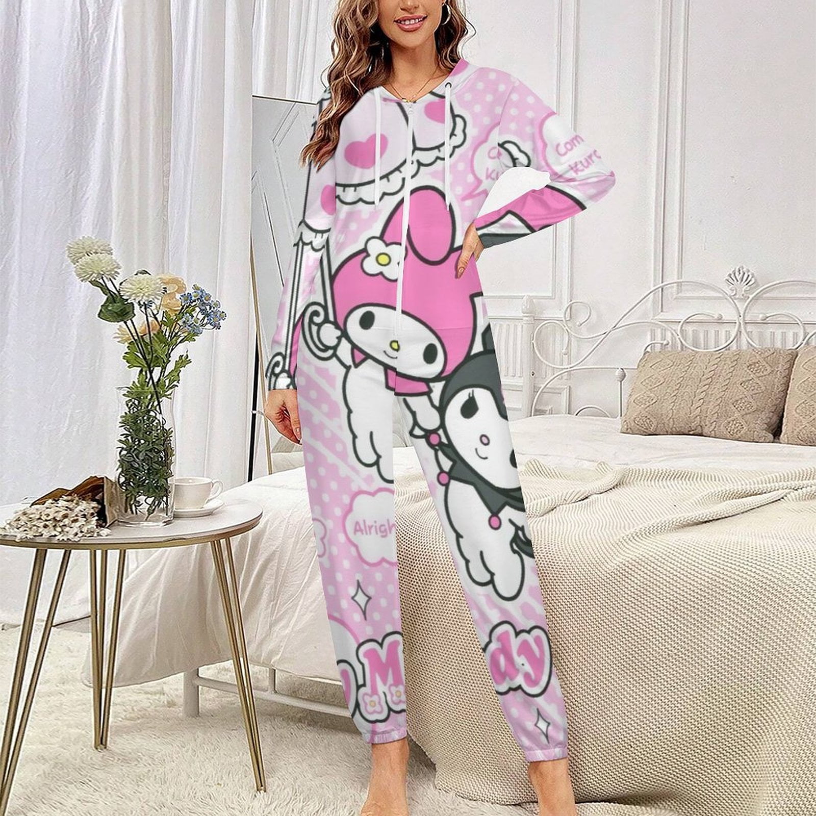 Kuromi And My Melody Unisex Onesie Pajamas Zipper Jumpsuit Hooded