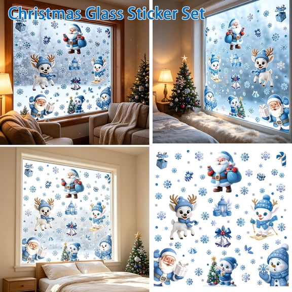 Christmas Decorations 6 Sheet Removable Blue Christmas Window Decals for Home Holiday Party Winter Decor