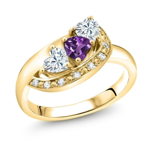 18K Yellow Gold Plated Silver Purple Amethyst and White Moissanite and White Created Sapphire Engagement Ring for Women (0.77 Cttw, Gemstone February Birthstone, Heart Shape 4MM, Size 6)