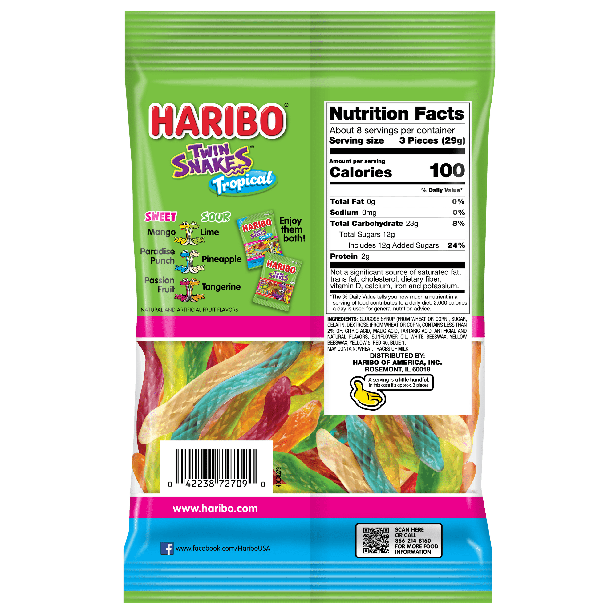 Harbio Twin Snakes Gummies Tropical Gummy Candy, 8oz, Share Size Peg Bag