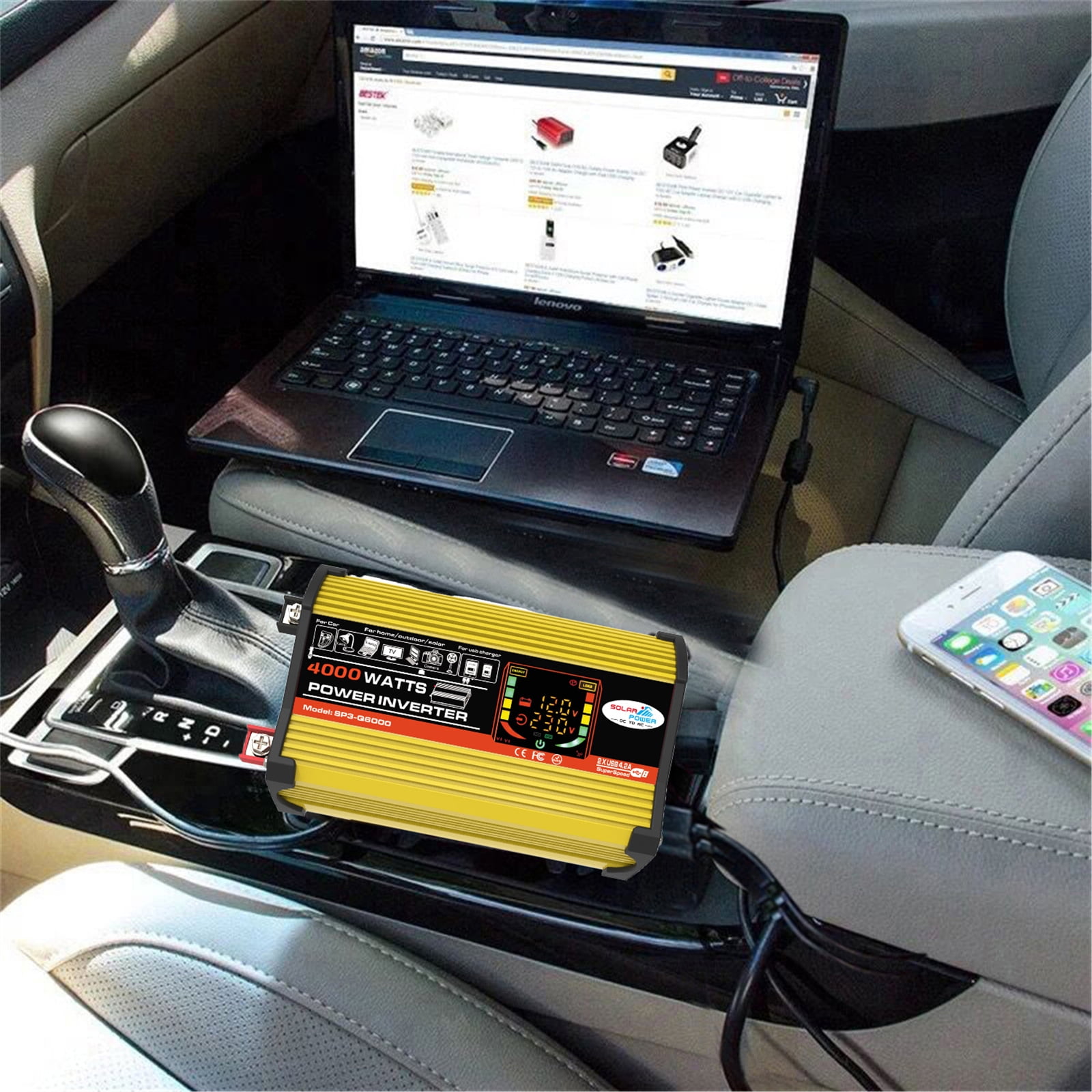 WheelX Portable Car Power Inverter 4000W,DC12V to AC110/220V Transformer, Modified Sinewave Inverter with Dual USB, LED Display