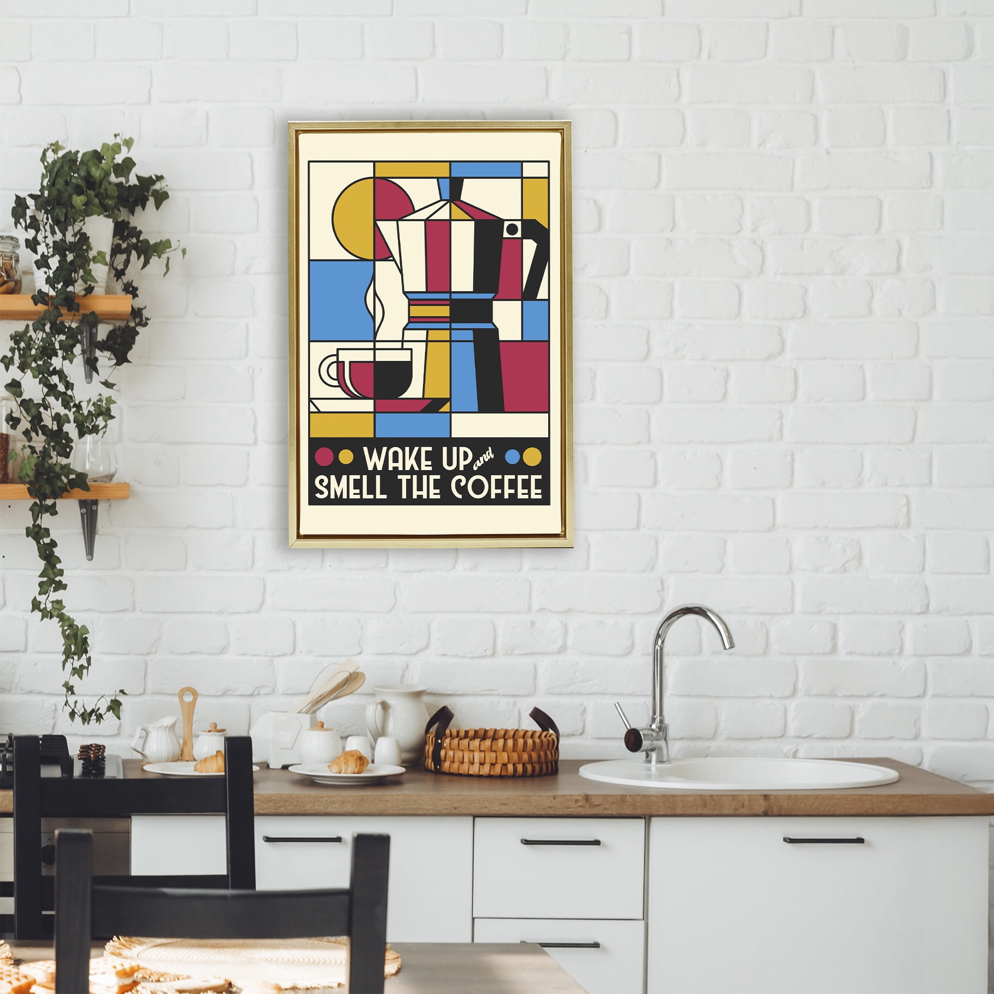 Stupell Industries Retro Wake Up & Smell Coffee Gold Framed Floater Canvas Wall Art, design by Tobe Fonseca