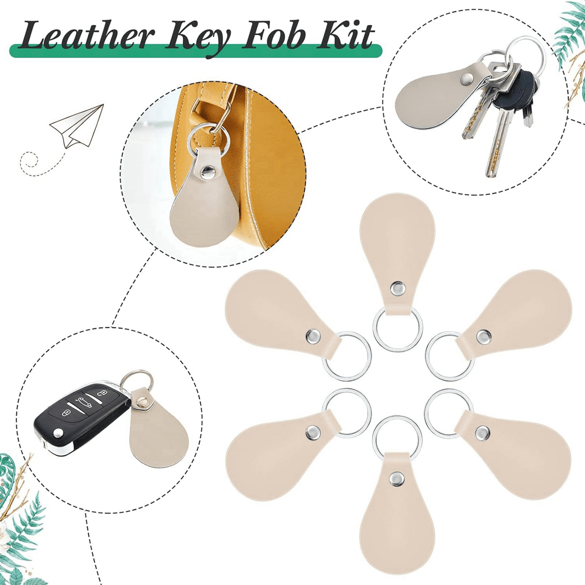 60 Pcs Leather Key Fob Kit for DIY Craft, PU Leather Key Fobs Blanks with Rivets and Key Rings for Engraving Keychain,60 x Key Fob,Beige