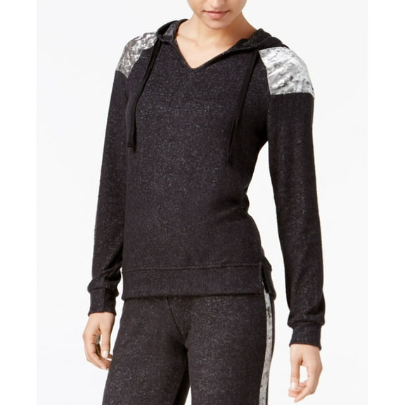 Hippie Rose Juniors Velvet Trim Cozy Hoodie Charcoal L