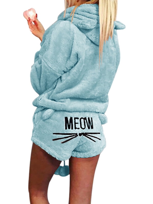 Fymall Women Warm Fluffy Fur Pullover Hooded Pajamas Kitty Printed