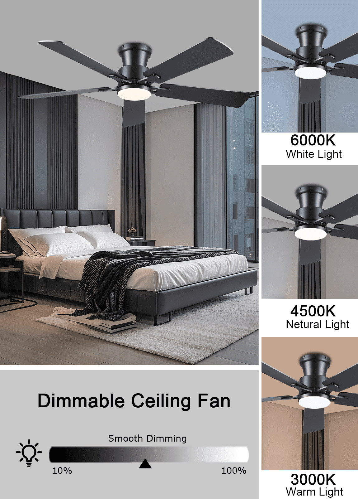52Inch Ceiling Fan with Lights and Remotes, Modern Low Profile Flush Mount Ceiling Fans,DC Reversible Motor, 3CCT Dimmable,Noiseless,Dual Finish, Black 6 Speeds Ceiling Fan for Indoor/Outdoor