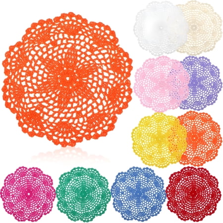 AUQ 10 Pcs 8 Inch Cute Crochet Doilies Crochet Flower Coasters Handmade Cotton Coaster Round Lace Placemats with Floral Patterns Doily Cloth Set Spring Wedding Easter Party Decoration