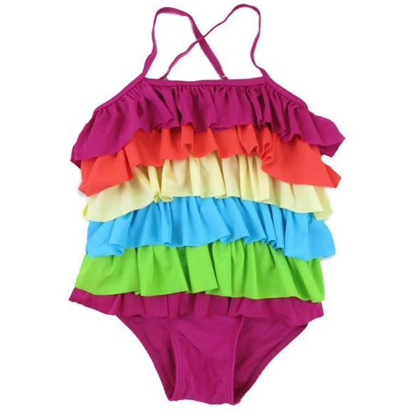 Wenchoice Fuchsia Rainbow Ruffle One-Piece Girls L(5-6Y)