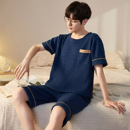 

PIKADINGNIS Pajamas Set Male Cotton Short-Sleeved Spiral Pattern Mens Summer Leisure Loose Home Clothing Soft Men Sleepwear Pijamas Pant