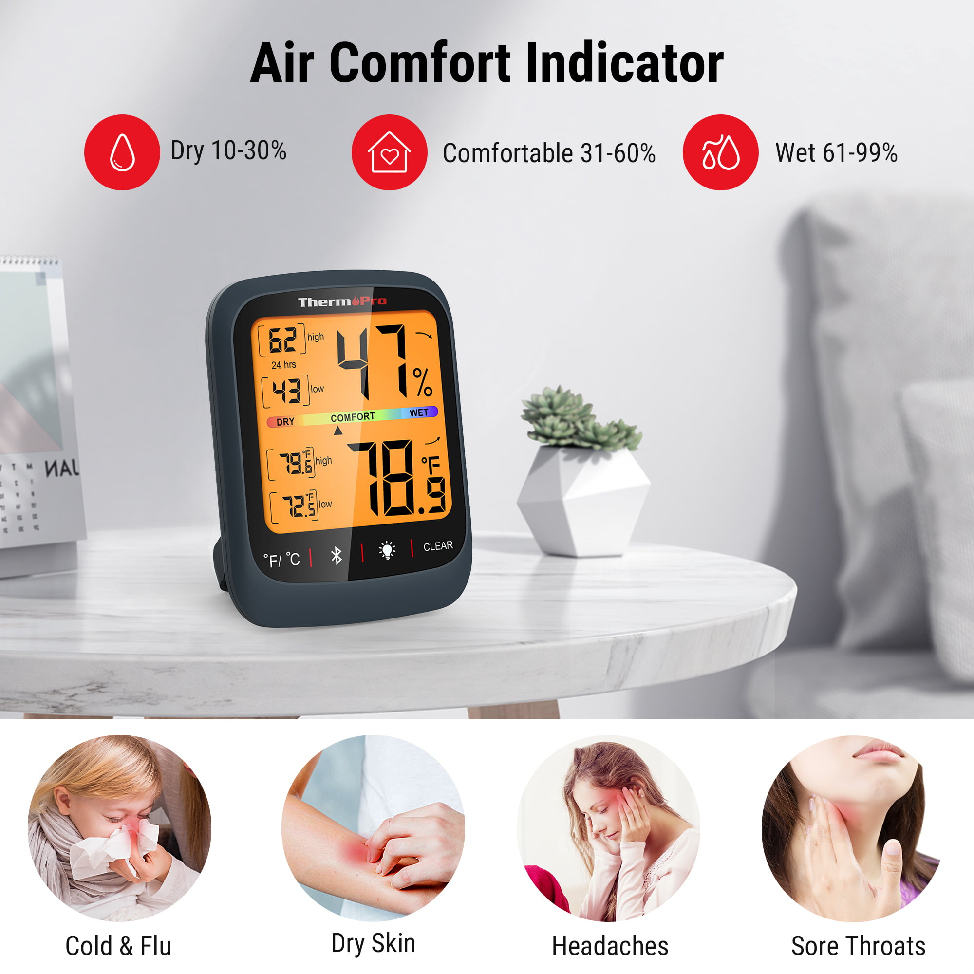 ThermoPro TP359 Wireless 80M Bluetooth-Conected Phone APP Backlight Digital Indoor  Room Thermometer Hygtometer With History Data