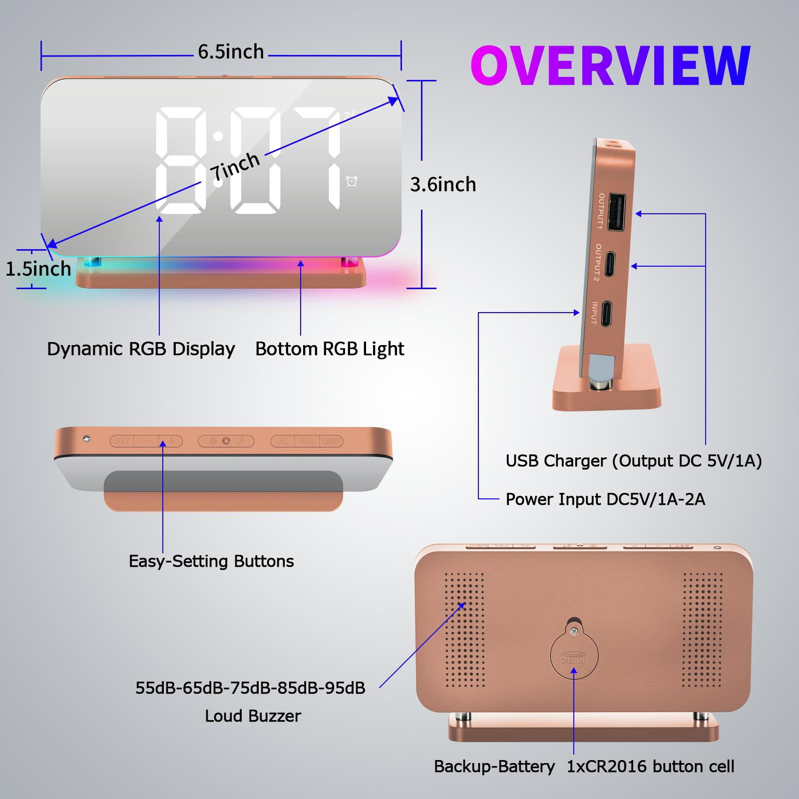 deevoka LED Digital Alarm Clock Bedroom Electronic Desk Clock RGB Color Modes Mirror Display for Home Living Room Tabletop Decoration Rose Gold