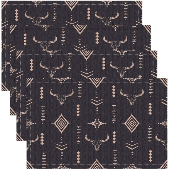 Western Placemats Set of 4, 18x12 Inch Bull Skull Boho Aesthetic Aztec Art Print Table Mats for Home Party Kitchen Dining Decor