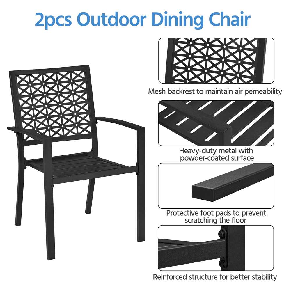 Alden Design Set of 2 Outdoor Metal Dining Chairs with Armrests for Patio, Black