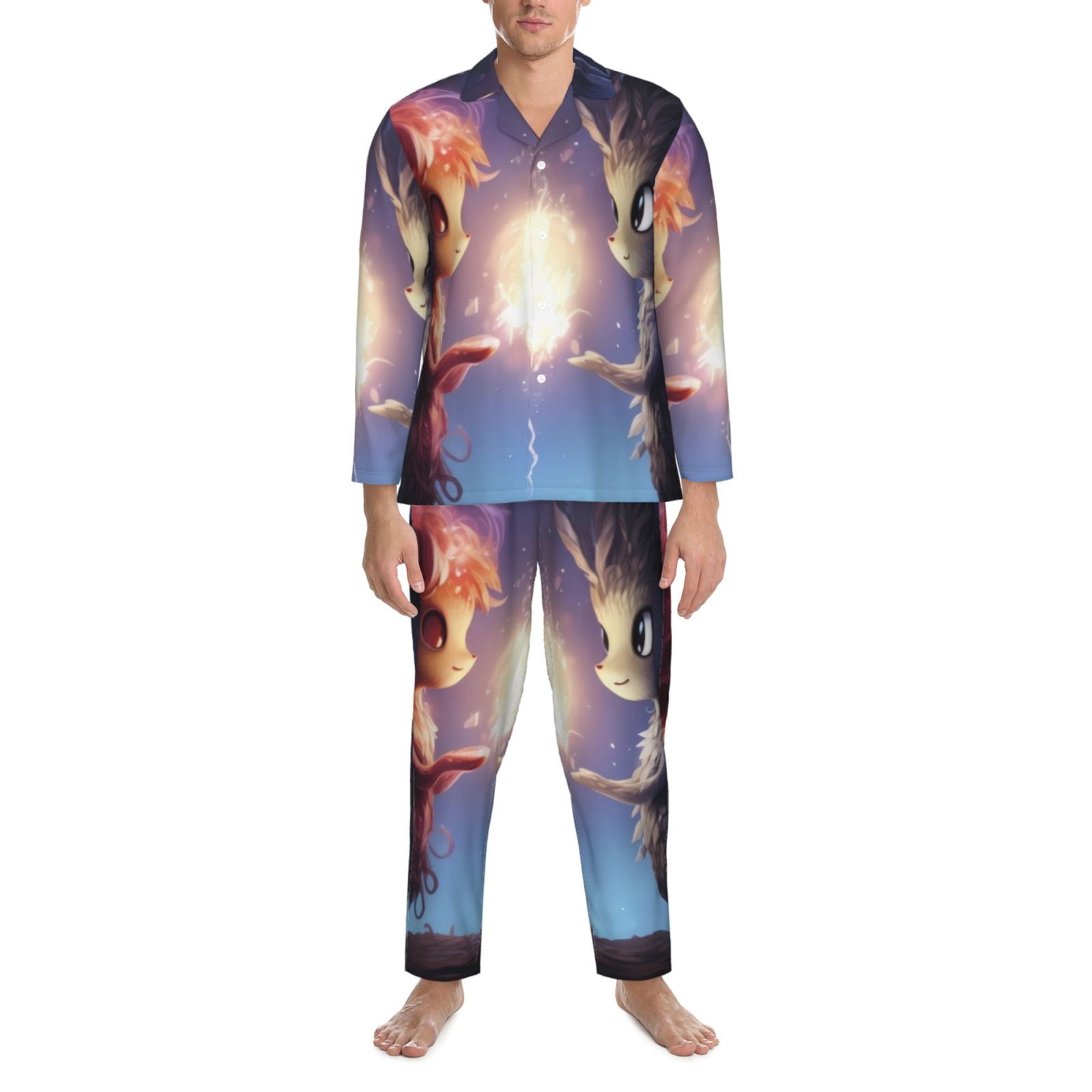 Fuzoiu Dreamy Forest Elf Print Men's Long-Sleeved Pajama,Lounge Button Down Nightwear,Mens Notch Collar Pajama Set -Large