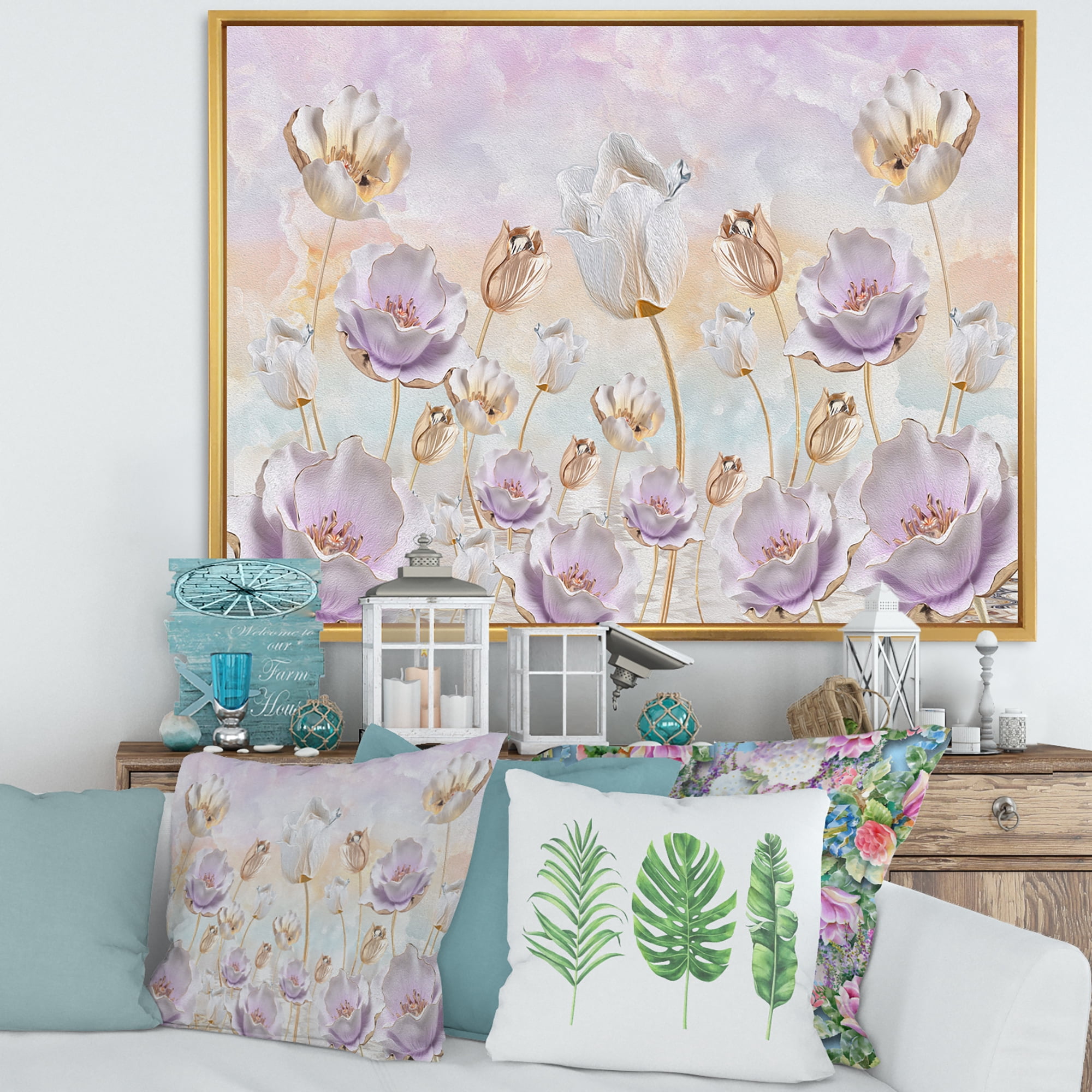 Designart 'Blossoming Pastel Tones Flowers' Traditional Framed Canvas Wall Art Print