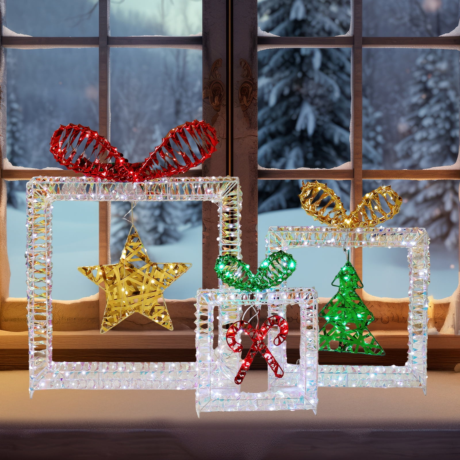 Astoutdoor Set of 3 Lighted Iridescent Cut-out Gift Box Christmas Decorations, Pre-lit Holiday Decor with 357 White LED Lights for Xmas Outdoor Indoor Decor Lighted Holiday Displays