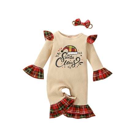 

Gzhioc Infant Baby Girls Christmas Romper Letter Hat/Tree Print Flare Long Sleeve Jumpsuits Plaid/Leopard Patchwork Bodysuits 3-24 Months