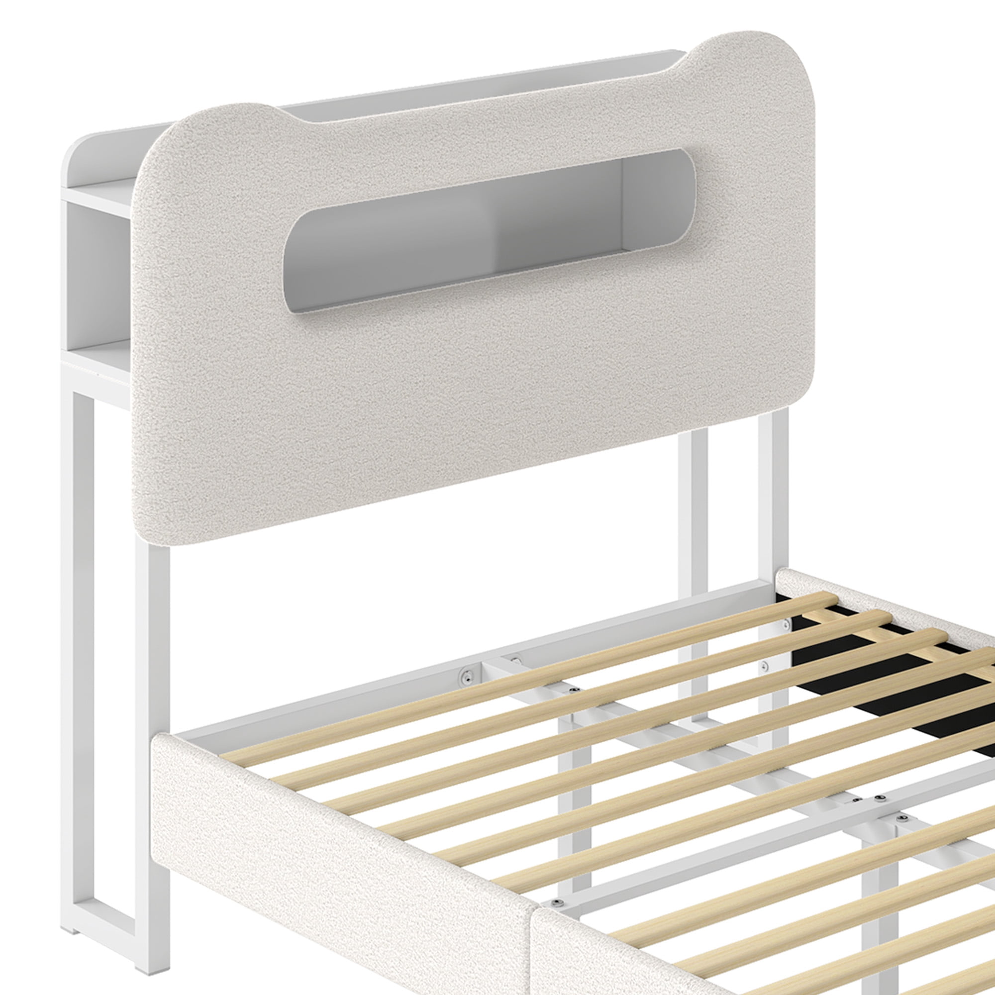 Uforic Twin Bed Frame with LED Headboard, Charging Ports, Storage Shelf, Boucle Upholstery, No Box Spring Needed, Cream