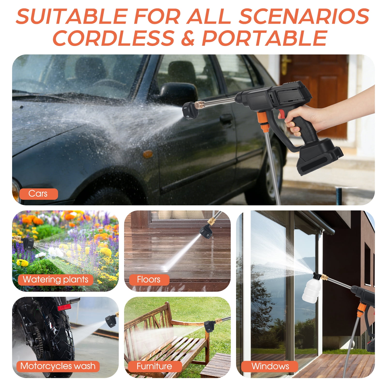 Furuoping Cordless Pressure Washer – Electric Power Cleaner 1100 PSI Battery Powered with Foam Cannon and 6-in-1 Nozzle for Outdoor Garden Wall Cleaning