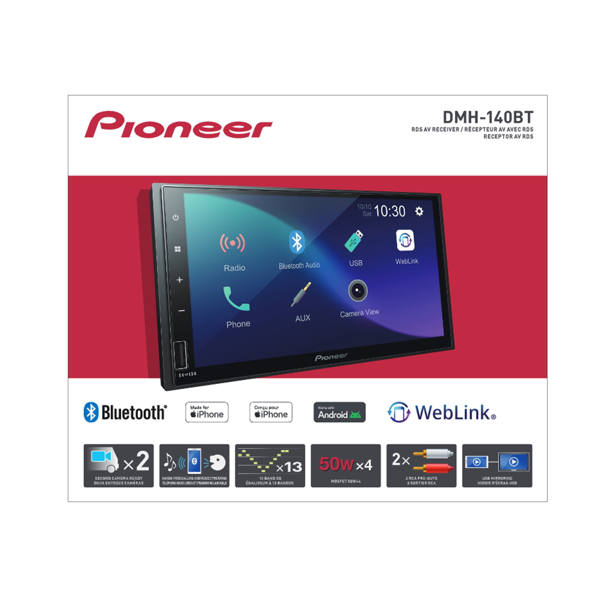Pioneer DMH-140BT Double DIN Multimedia Car Stereo – 7” Capacitive Touchscreen WSVGA Display, Bluetooth Hands-Free Calling & Audio Streaming, Backup Camera Ready